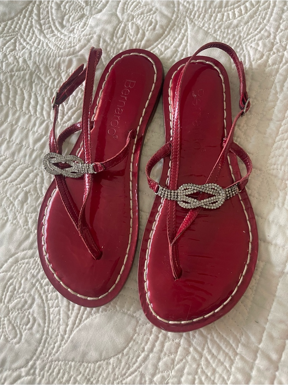 Bernardo Red Patent Rhinestone Knot T-Strap Sandals